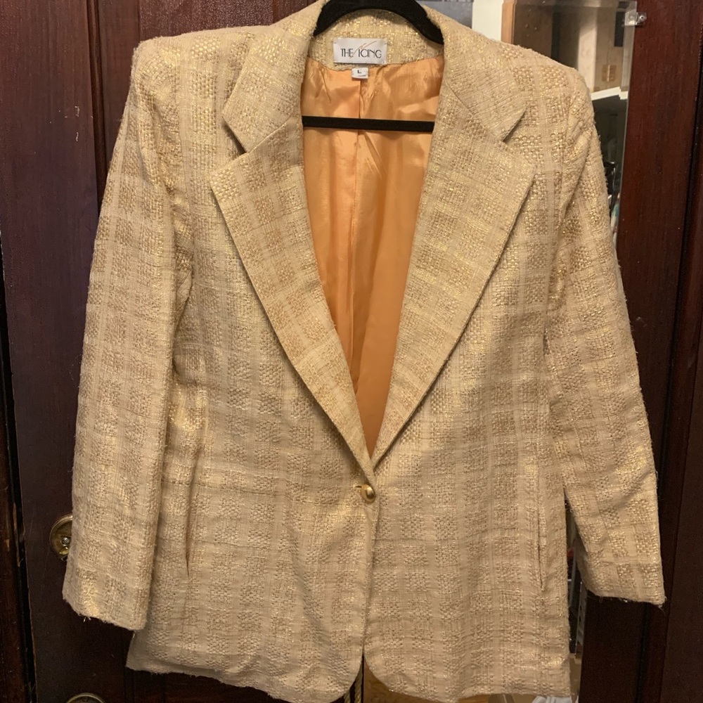 1980s vintage tan and gold shimmery tweed blazer with peach lining